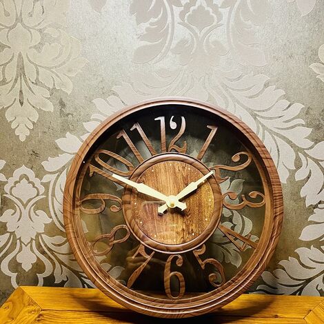 Horloge murale légère de luxe rétro de style européen en bois creux 12 pouces horloge créative silencieuse salon simple--（Grain de bois foncé） (1/4)