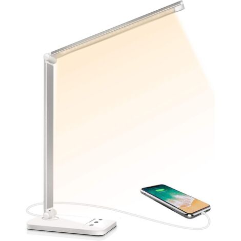 QAZQA Lampe de Bureau LED, Dimmable 5 Modes de Couleur 10 Niveaux de Luminosité, Flexible Contrôle Tactile Protection des Yeux,Lampe de chevet Avec Port USB et Fonction Minuterie-Blanc (1/5)