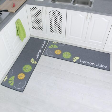 Lemon Design Lot de 2 tapis de cuisine antidérapants avec envers en caoutchouc (Gris, 15" x 47" + 15" x 23") (1/5)