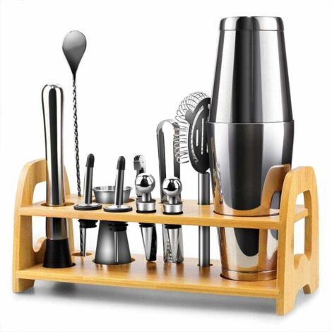 Ensemble de shaker à cocktail, 13 pièces de shaker Boston en acier inoxydable, avec bocal à shaker, mélangeur à mesurer, cuillère, verseur, mélangeur, passoire, pince, liège, tire-bouchon, support, re (1/5)