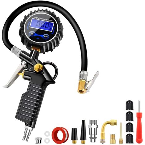 Jauge de pression numérique des pneus, multifonction de haute précision, jauge de pression des pneus à affichage LCD 220 PSI, pistolet de gonflage avec 15 accessoires pour voiture, moto, vélo, SUV (1/5)