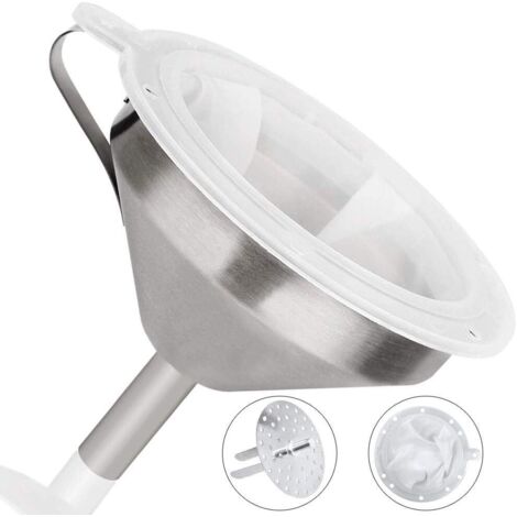 Entonnoir en acier inoxydable 2 pièces avec poignée et filtre amovible pour transfert de liquide Ensemble d'entonnoirs en acier inoxydable Filtre Cuisine Entonnoir en métal pour transfert de liquide (1/5)