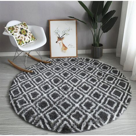 Tapis Doux Rond Antidérapant Cosy, Tapis Shaggy Doux Lavable, Tapis Décoratif pour Chambre, Salon, Canapé et Décoration de Chaise, Treillis Diamant, Gris 100cm (1/5)
