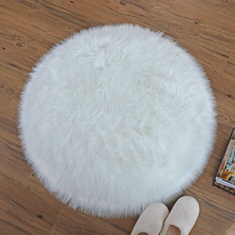 Tapis rond de 90 de diamètre, tapis en fausse fourrure, tapis en laine véritable, tapis en laine artificielle pour canapé (blanc) (1/5)