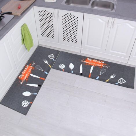 Lot de 2 tapis de cuisine antidérapants avec dos en caoutchouc, tapis de porte, design d'ustensiles de cuisine (gris 15"x47"+15"x23") (1/5)