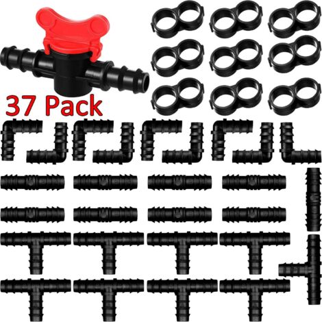 Kit de raccords d'irrigation 37 pièces, 2 vannes de commutation, 8 tés, 8 raccords, 8 coudes, 8 bouchons et 8 bouchons d'extrémité pour systèmes d'irrigation goutte à goutte, jardin, terrasse, pelouse (1/5)