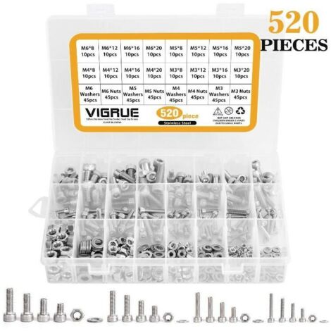 520 pièces M3 M4 M5 M6 vis à tête cylindrique à six pans creux 304 acier inoxydable filetage complet avec écrous et rondelles (1/5)