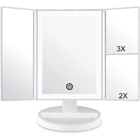 Miroir de maquillage avec éclairage LED et écran tactile, grossissement 1X / 2X / 3X, rotation réglable à 180 °, miroir de comptoir à piles et alimenté par USB (blanc) (1/5)
