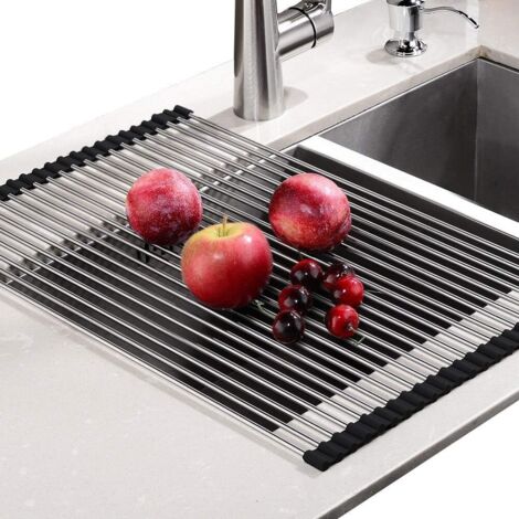 Égouttoir à vaisselle enroulable, 100 % sans BPA, égouttoir à vaisselle pliable idéal pour fruits, légumes, plats, acier inoxydable enduit de silicone durable, noir, taille 52,8 x 34 cm (1/5)