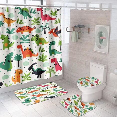 Ensembles de rideaux de douche dinosaure 4 pièces avec tapis, rideau de bain en tissu imperméable avec 12 crochets, tapis de salle de bain antidérapants, tapis de bain, tapis en U, accessoires de sall (1/5)