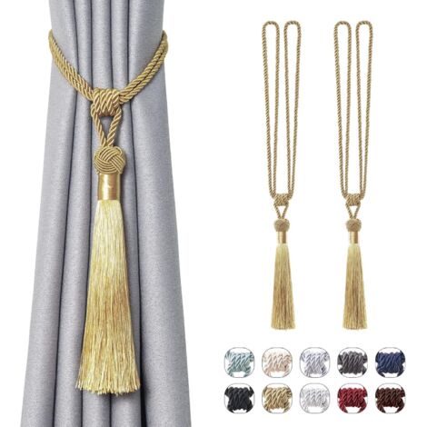 Lot de 2 embrasses de rideaux longues à pompons faites à la main en corde tressée avec nœuds de style européen pour décoration de fenêtre de maison et de bureau (doré) (1/5)