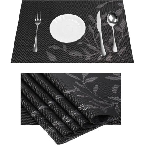 Lot de 6 sets de table en vinyle noir résistant à la chaleur avec motif feuille pour table à manger, cuisine, PVC lavable antidérapant (1/3)