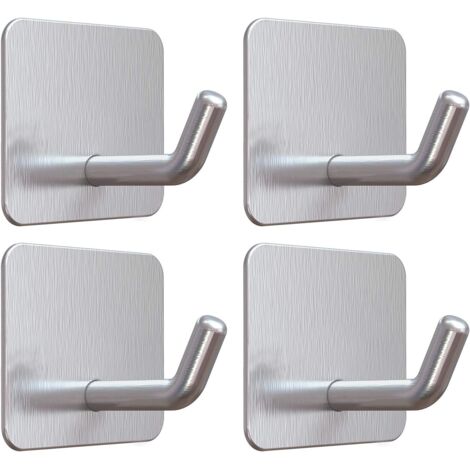 Lot de 4 crochets adhésifs, crochets auto-adhésifs en acier inoxydable argenté, résistants, étanches, sans clous, cuisine, salle de bain, douche, crochets muraux collants pour serviette, chapeau, uste (1/5)