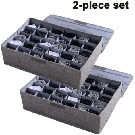 Lot de 2 organisateurs de rangement pour sous-vêtements et chaussettes avec couvercle, séparateur de tiroir de placard pliable, 30 cellules, et lin pour sous-vêtements, chaussettes, cravates (1/5)