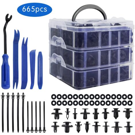 Rivet Clips Plastique, 665 pcs Clips Voiture Plastique Universel set, Rivet Plastique Fixation de Protection pour Voitures Panneaux, avec Boîtier de Rangement et Outil Démontage Installation (1/5)