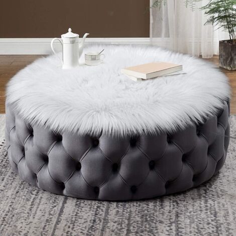 Fausse peau de mouton, tapis confortable en fausse fourrure de laine véritable, coussin de canapé en laine de luxe fait main (rond blanc, 90 x 90 cm) (1/4)