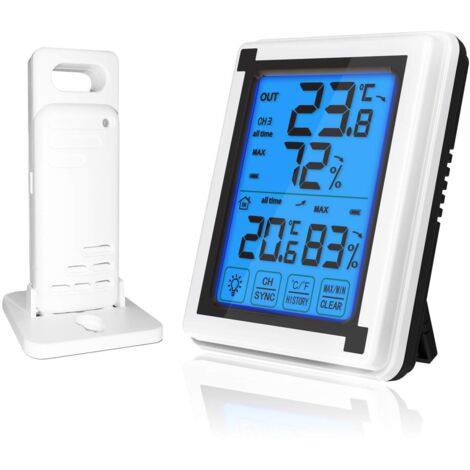 Thermomètre intérieur extérieur avec 1 capteur sans fil, moniteur de température et d'humidité avec écran tactile LCD Baklight pour bureau à domicile (1 capteur) (1/5)