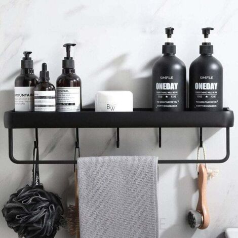 Pas de perçage étagère de douche étagère de salle de bain avec porte-serviettes en aluminium crochet étagère de rangement pour douche et cuisine ensemble 1 pièce noir (1/4)