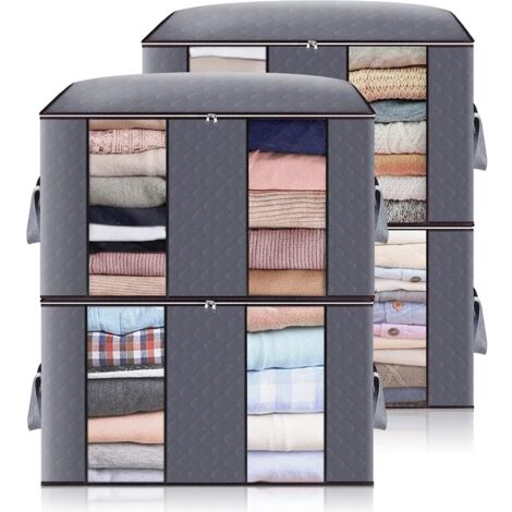 Lot de 4 organisateurs de vêtements, organisateurs sous le lit, organisateur de rangement pliable de grande capacité pour oreillers couettes avec fenêtre et poignée renforcée gris (1/5)