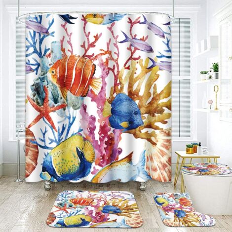 Lot de 4 rideaux de douche d'été avec tapis antidérapants, couverture de toilette et tapis de bain, 182,9 x 182,9 cm, ensemble de décoration de salle de bain (1/5)
