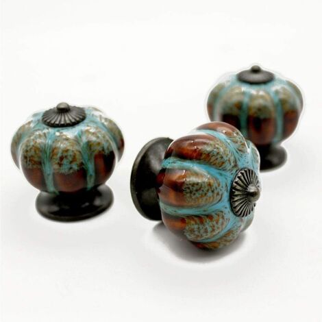 AIDUCHO Lot De 3 Boutons De Porte, Poignées De Tiroir, Poignées De Placard, Boutons En Céramique, Boutons De Style Rétro Et Élégant En Forme De Citrouille - Bleu