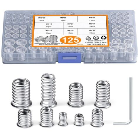 AIDUCHO Lot de 125 inserts filetés M5, M6, M8, M10, 9 différents types d'inserts filetés, inserts d'écrous hexagonaux, écrous à sertir pour meubles en bois, acier au carbone ruthex (1/5)
