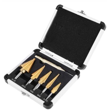 Foret étagé 5 pièces (5-13 mm, 3-13 mm, 6-19 mm, 5-22 mm, 6-35 mm), 1 poinçon central automatique + 1 foret hélicoïdal (1/5)