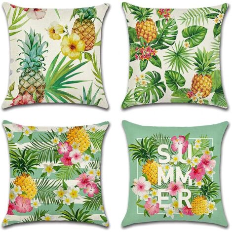 Housse De Coussin, Lot De 4 Plantes Tropicales Et Ananas Motif Canapé Taie D'oreiller Pour Patio Jardin Salon Chambre Décoration, 45x45cm