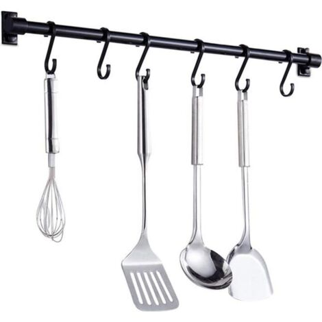 Barre d'ustensiles de cuisine murale, barre d'étagère de cuisine de 40 cm avec 6 crochets détachables, étagère de porte d'étagère murale (noir) (1/4)