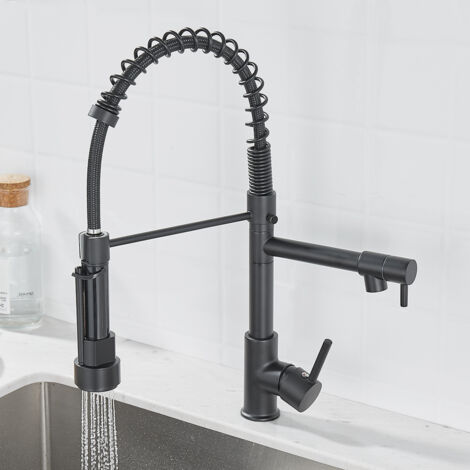 Robinet de cuisine, pulvérisateur à tirette Robinet à ressort, tout en cuivre, eau chaude et froide rotative double mode avec tête de pulvérisation à 2 sorties (jet et pulvérisation) - noir (1/3)