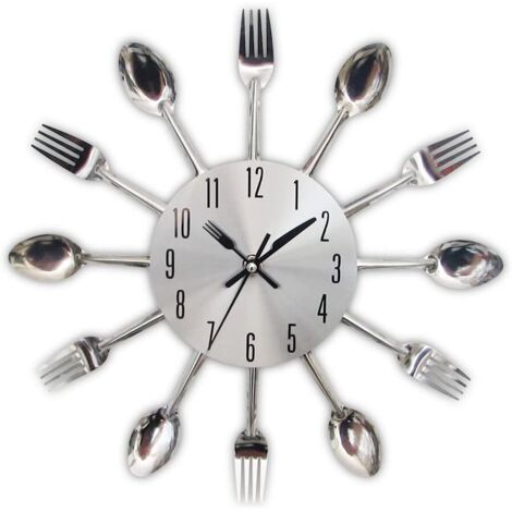 Horloge de cuisine effet miroir avec cuillère, fourchette, autocollant amovible en 3D (1/5)