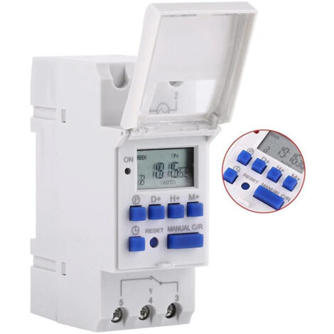 Programmateur horaire électrique 220V – Afficheur LCD – Programmation hebdomadaire 16 ON/OFF – Installation rail DIN – Capacité 25A – Devenirriche