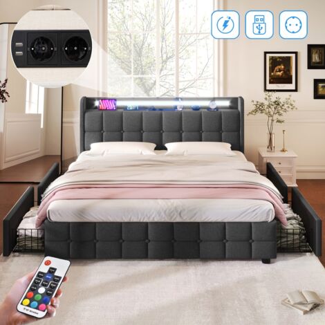 Cama doble moderna de lino, 160x200 cm - iluminación LED, 4 cajones, puerto USB de carga, diseño contemporáneo - Gris (1/5)