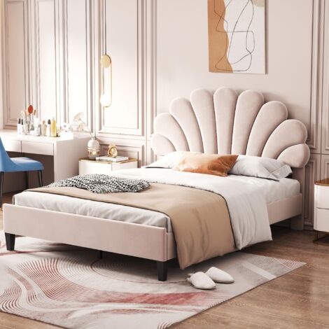 Cama doble de terciopelo, 140x200 cm - somier de láminas, cabecero con diseño floral, estilo nórdico - Beige (1/5)