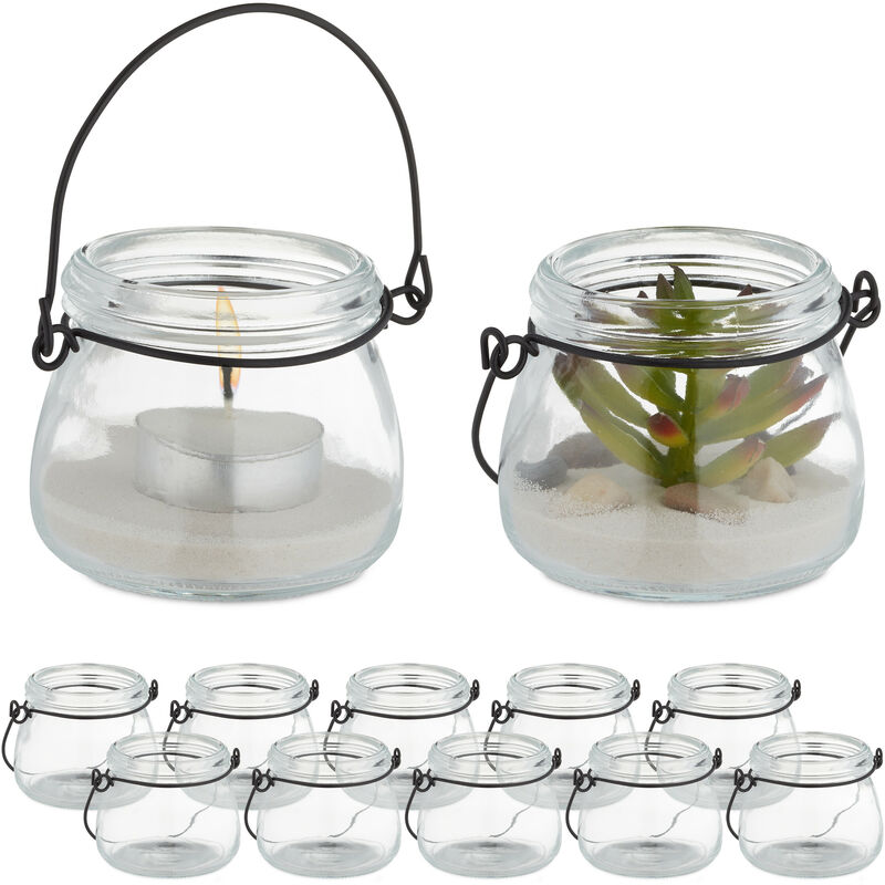 Relaxdays Windlicht, 12er Set, aus Glas, mit Henkel, innen & außen,  Teelichthalter, HxD 6,5x7,5 cm, transparent/schwarz