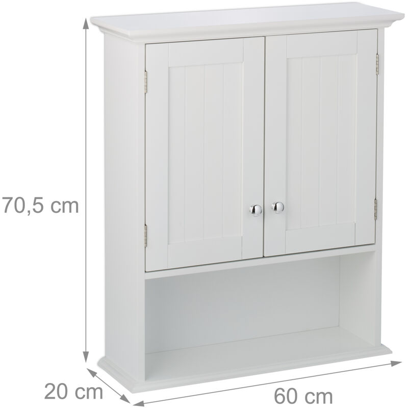 Relaxdays Hängeschrank Bad 70x60x20 Cm – Schmaler Wandschrank Mit 3 Fächern, Magnetverschluss, Landhausstil, Weiß Badezimmer Aufbewahrung