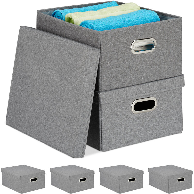 6 x Aufbewahrungsbox, faltbare Ordnungsbox mit Deckel, 25 Liter je  Stoffbox, HBT 20,5 x 34,5 x 42 cm, Faltbox, grau