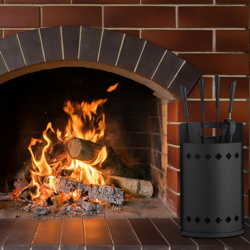 Relaxdays Kaminbesteck 5-tlg Set - Schürhaken, Ascheschaufel, Besen, Zange & Ständer In Schwarz/Silber