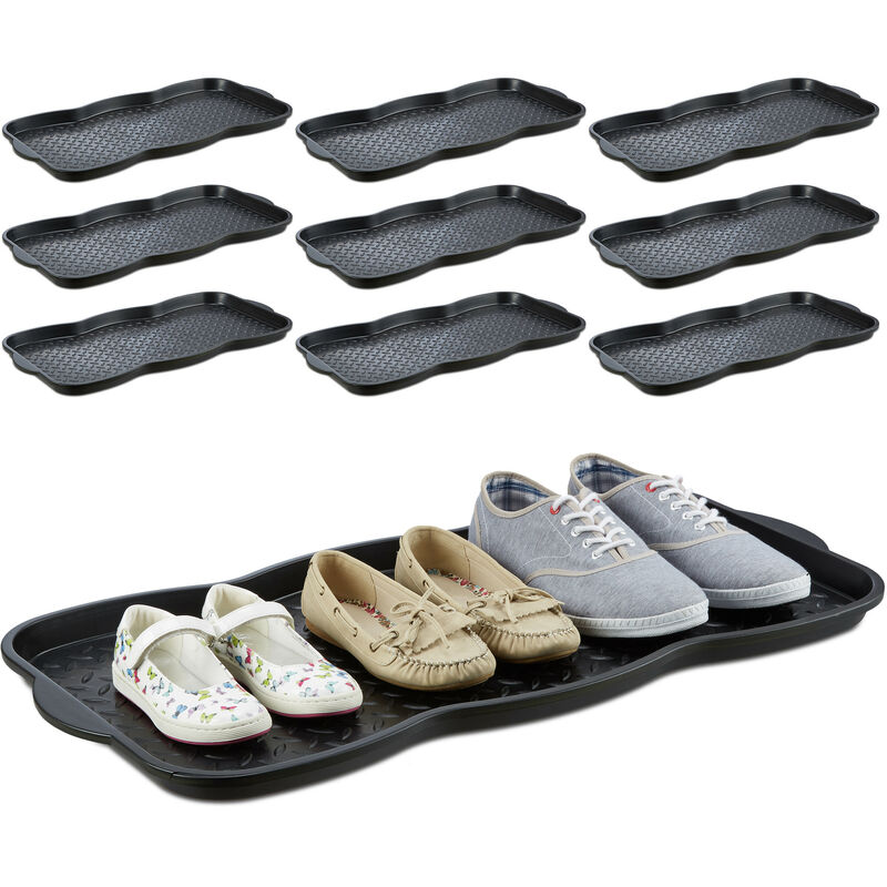 10x Schuhabtropfschale groß, Kunststoff Schuhablage für 6 Schuhe, Profil  Schmutzfang, HxBxT: 3 x 75 x 38 cm, schwarz