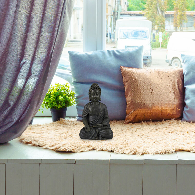 Relaxdays Buddha Figur sitzend, 30 cm, Gartenfigur, Dekofigur Wohnzimmer,  Polyresin, wetterfest, frostsicher, dunkelgrau