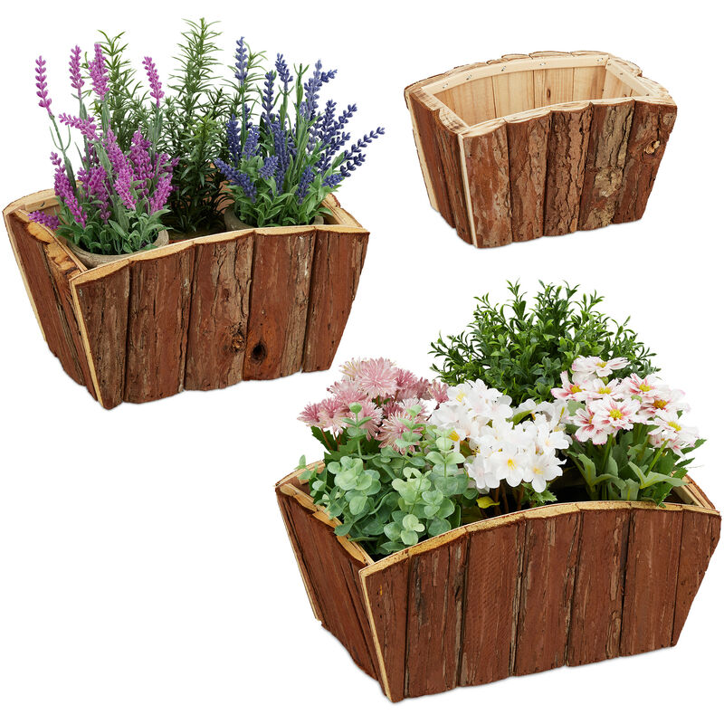 Relaxdays Blumenkasten 3er Bepflanzen, Garten, Rinde, mit Fensterbank, & natürliches Deko Set, natur Terrasse Holz zum