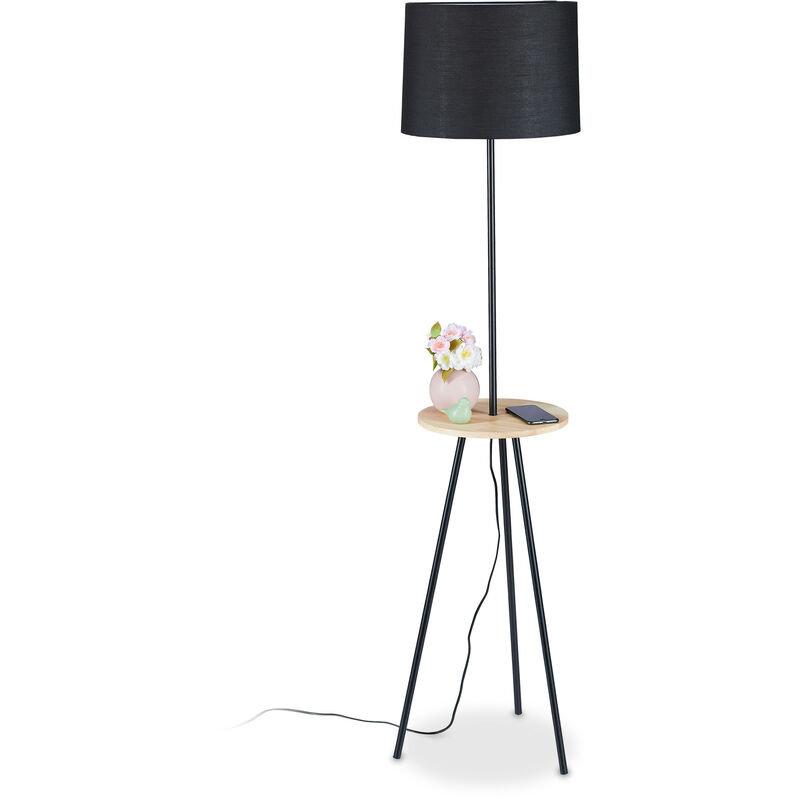 Relaxdays Stehlampe mit Tisch, HxD: 151 x 36 cm, Dreibein, Stoffschirm,  E27-Fassung, Metall, Holz, Standleuchte, schwarz