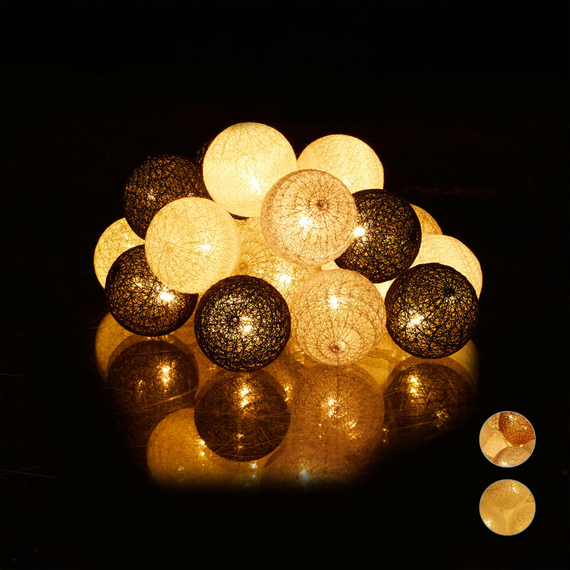 Relaxdays LED Lichterkette mit 20 Baumwollkugeln, batteriebetrieben,  Stimmungslichter, Kugeln 6 cm Ø, weiß/grau/schwarz
