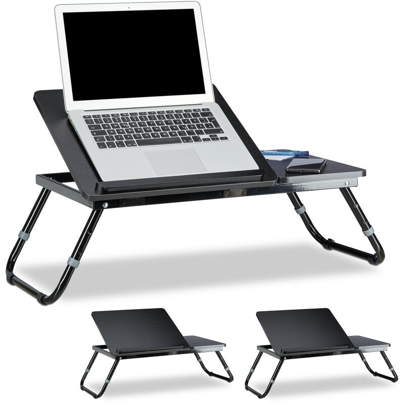 3 x Laptoptisch fürs Bett, verstellbar, Betttablett klappbar, Leseklappe  und Ablage, HxBxT: 40 x 75 x 35 cm, schwarz