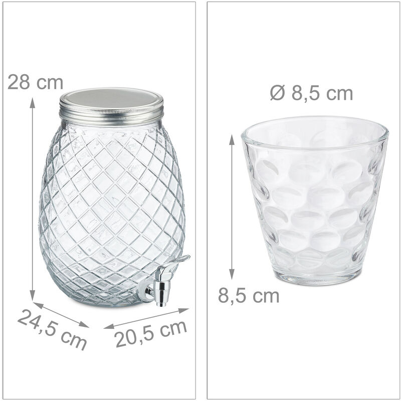 Ständer Glas Wasserspender 8,3 L transparent 4 Trinkgläser 10037686 Saftspender mit Zapfhahn Relaxdays Getränkespender Set 