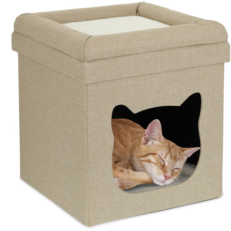 Relaxdays Katzenhöhle indoor, Schlafplatz für Samtpfoten, Katzenbox 2  Etagen, faltbar, HBT: 44 x 40 x 40 cm, braun/weiß