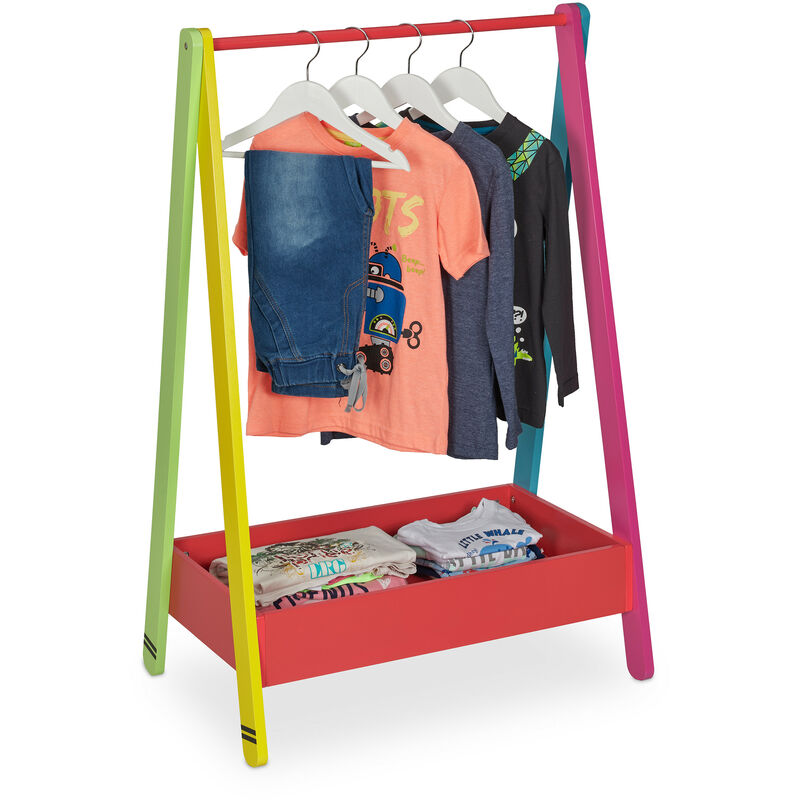 HBT: 100,5x71x30 cm Relaxdays Kinder Kleiderständer 4 Haken bunt Kleiderstange Kinderzimmer Garderobe 2 Ablagen 