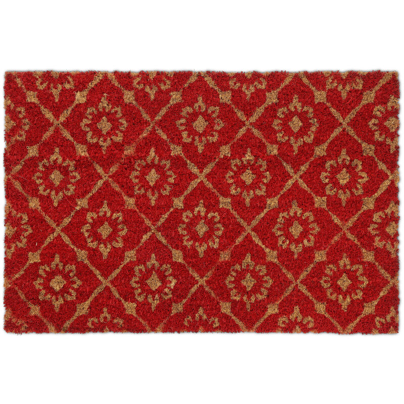 Relaxdays Fußmatte Kokos, florales Muster, 40 x 60 cm, rutschfest,  wetterfest, Fußabtreter für innen & außen, rot/natur