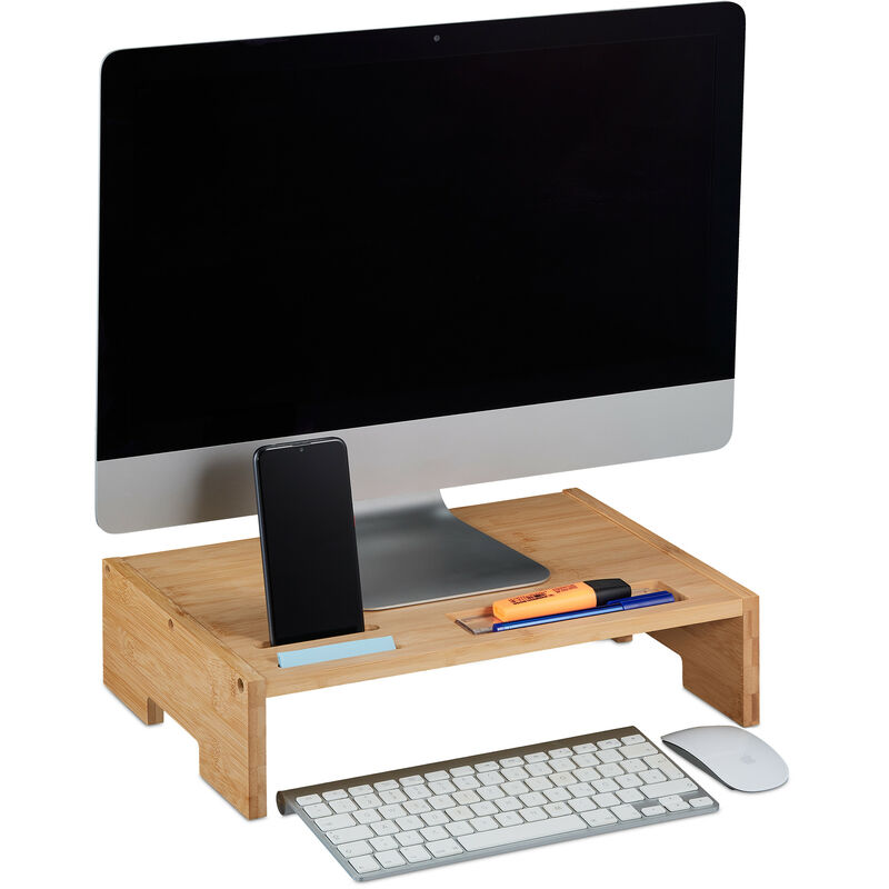 Relaxdays Monitorständer Bambus, 3 Fächer, Bildschirmerhöhung Schreibtisch,  Monitor Unterbau, HBT: 10,5x41x28 cm, natur