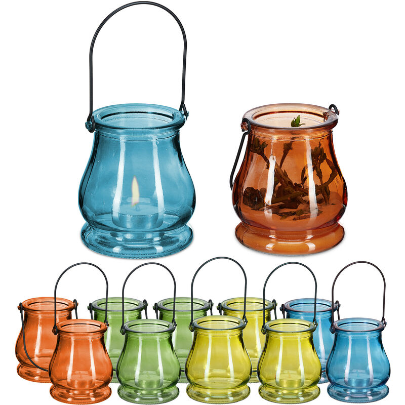 Relaxdays Windlicht, 12er Set, aus Glas, Henkel zum Aufhängen, innen &  außen, Teelichthalter, HxD 10x8,5 cm, mehrfarbig